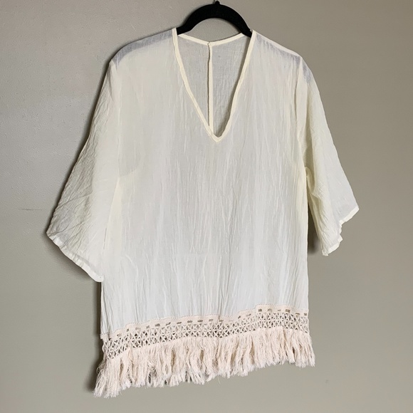 Yerba buena Tops - Yerbabuena sheer cream cotton fringe top